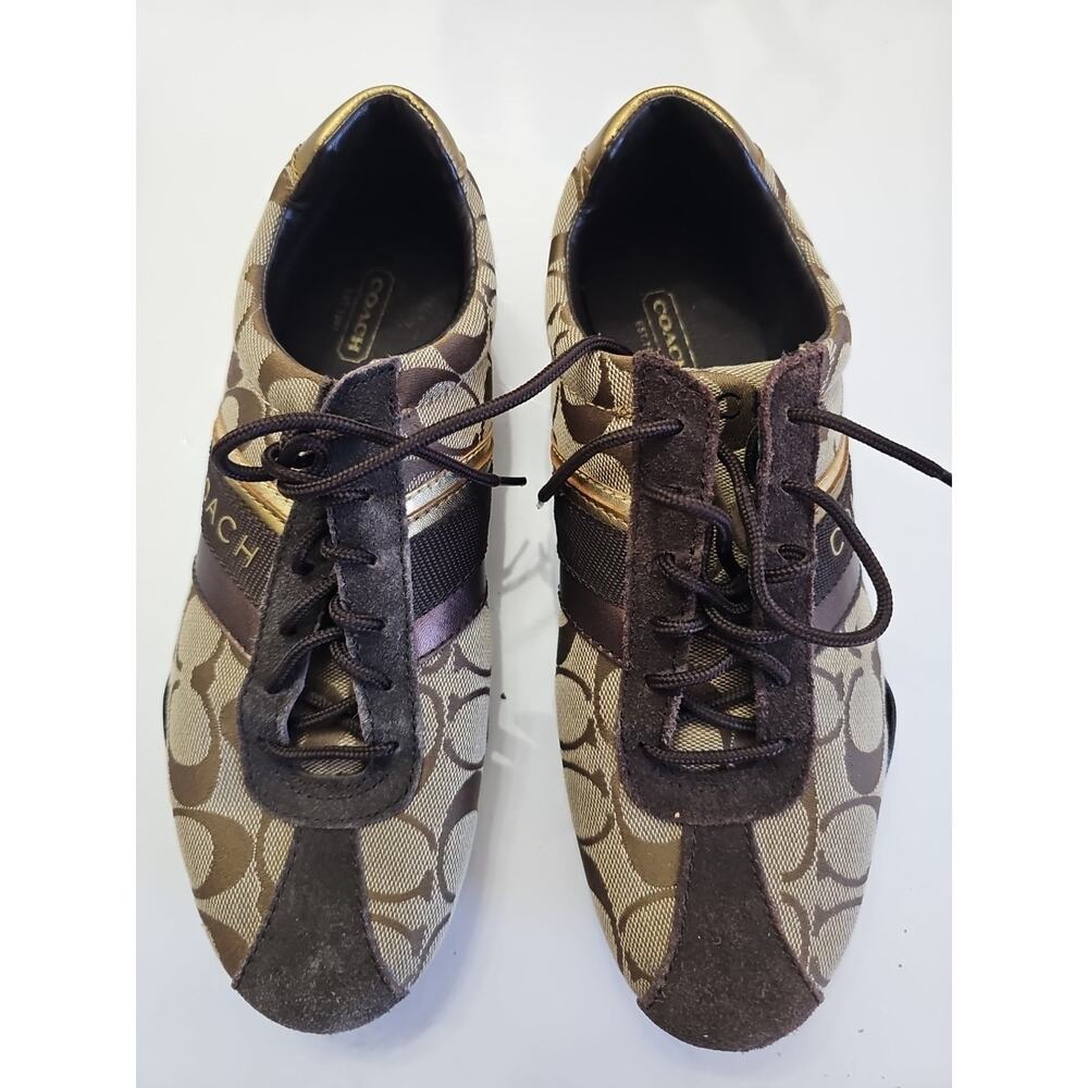 Coach Casual Sneakers Shoes "Jayme" Q582 Brown Gold Women's Size 8 Laces - Picture 2 of 8